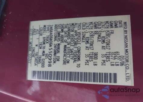 2006 Nissan Titan Xe/Se/Le z USA, uszkodzony, nr VIN 1N6BA06B06N550998